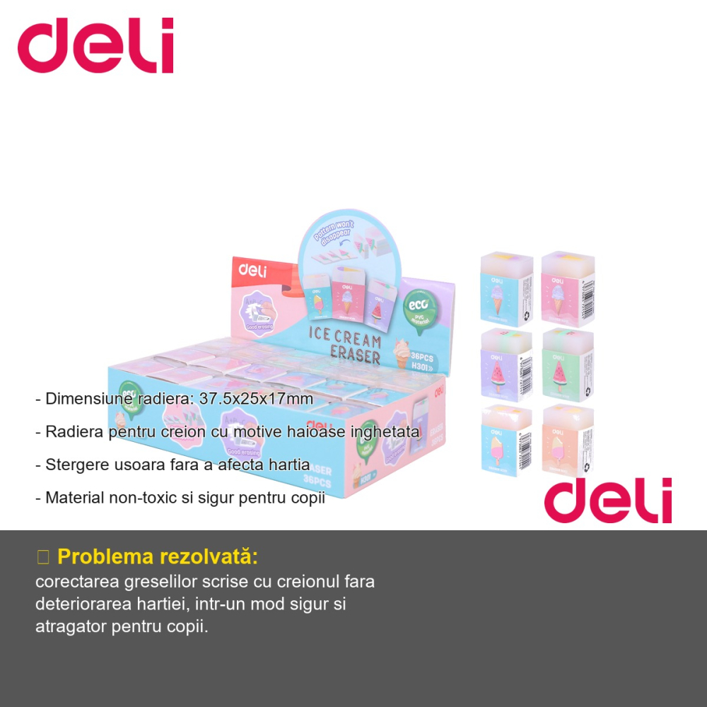 Radiera creion Deli, model inghetata cu motive haioase, stergere usoara, pentru copii [2]