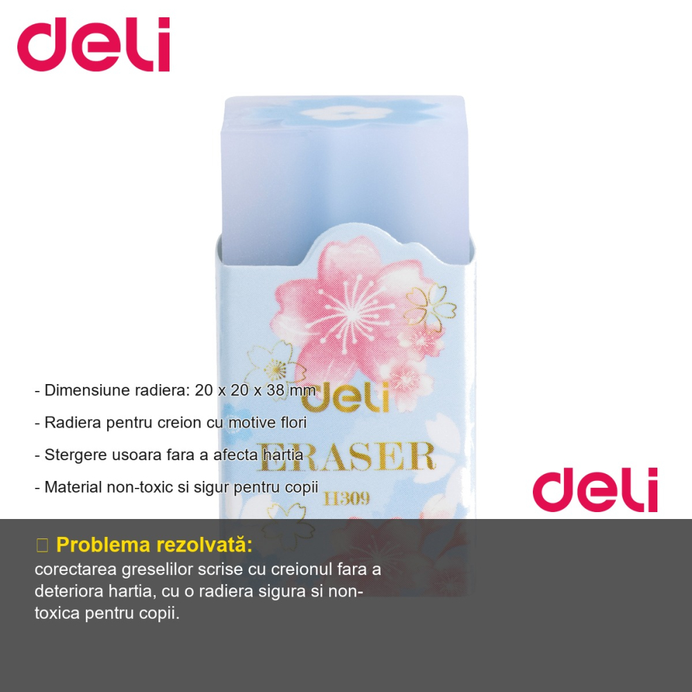 Radiera creion Deli, motive flori, stergere usoara, non-toxica, pentru copii [2]