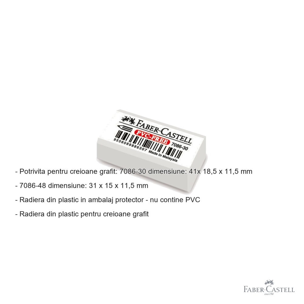Radiera creion Faber-Castell 7086-30, plastic fara PVC, alba, pentru creioane grafit [2]