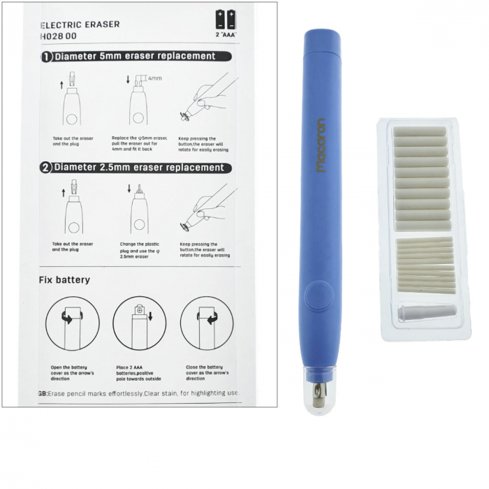 Radiera Electrica model Macaron H028, stergere precisa pin-point, design ergonomic, 20 rezerve incluse, albastra [3]