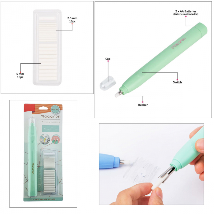 Radiera Electrica model Macaron H028, stergere precisa pin-point, design ergonomic, 20 rezerve incluse, verde [3]