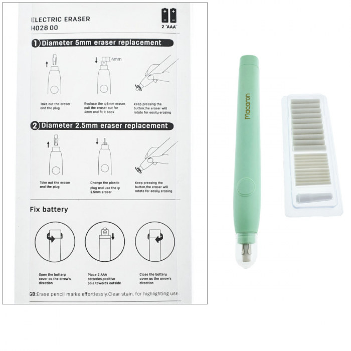 Radiera Electrica model Macaron H028, stergere precisa pin-point, design ergonomic, 20 rezerve incluse, verde [4]