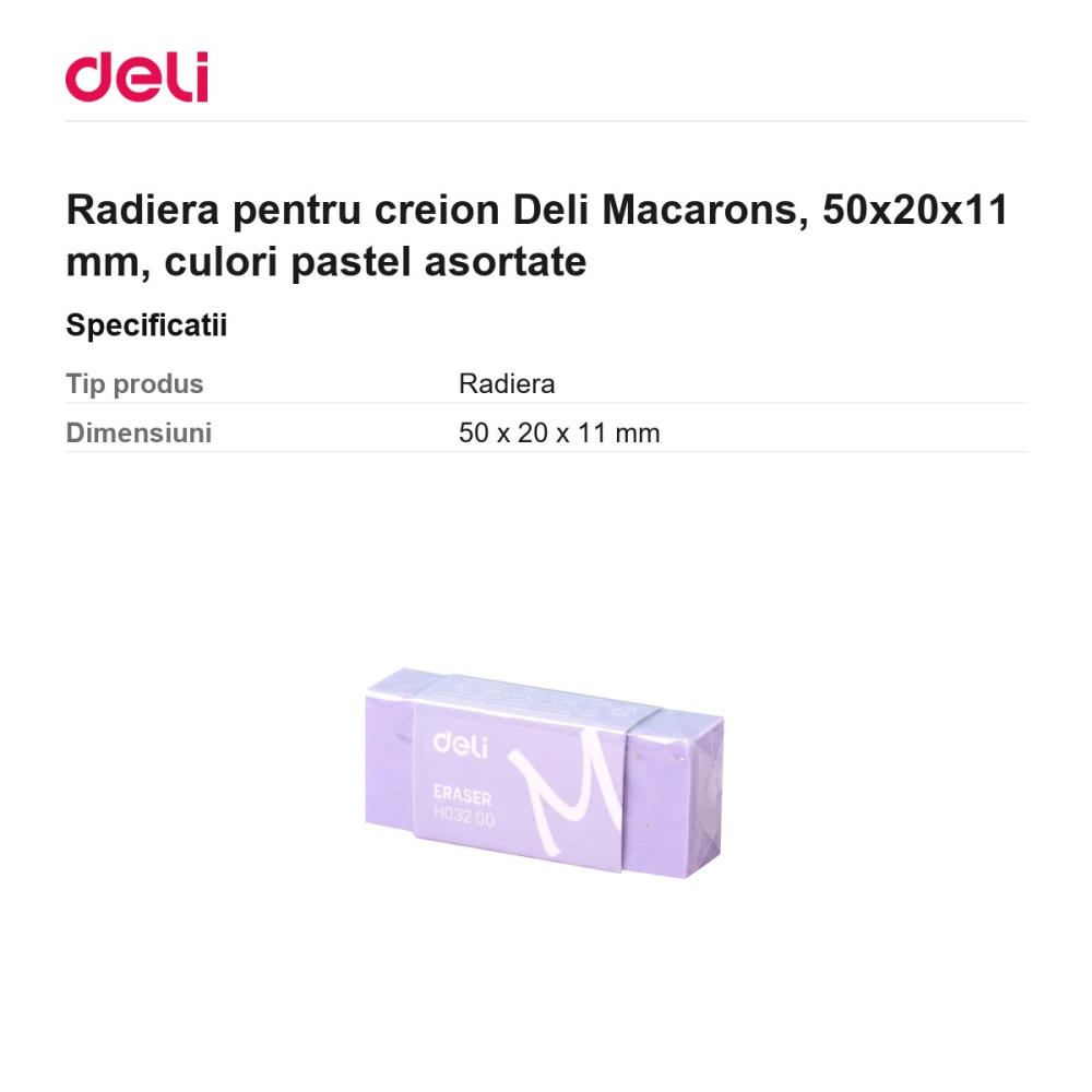 Radiera pentru creion Deli Macarons, 50x20x11 mm, culori pastel asortate [3]