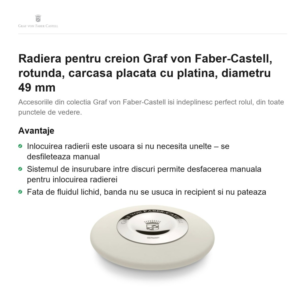 Radiera pentru creion Graf von Faber-Castell, rotunda, carcasa placata cu platina, diametru 49 mm [2]