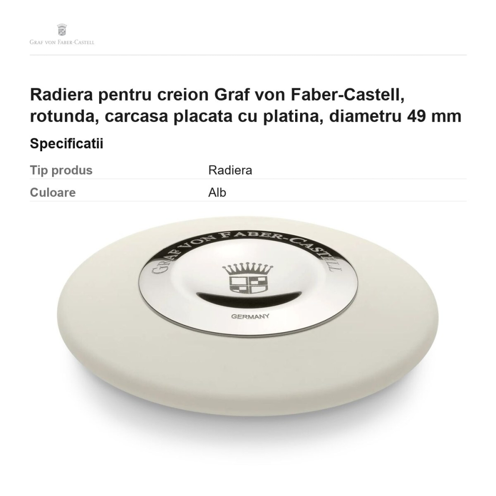 Radiera pentru creion Graf von Faber-Castell, rotunda, carcasa placata cu platina, diametru 49 mm [3]