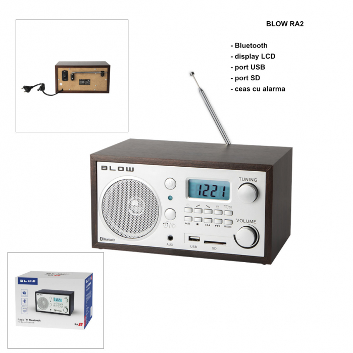 Radio AM/FM, Bluetooth, BLOW RA2 11268, display LCD, port USB, port SD, ceas cu alarma, gri cu maro [5]