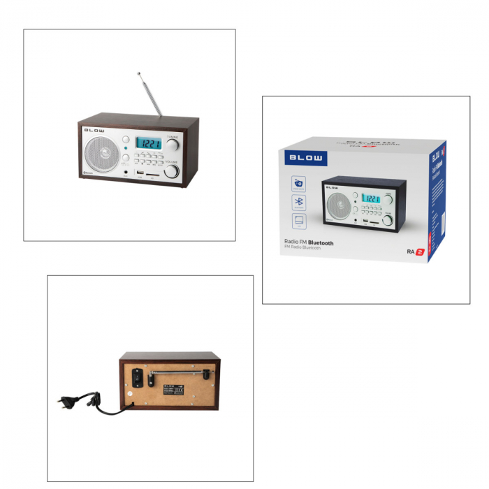 Radio AM/FM, Bluetooth, BLOW RA2 11268, display LCD, port USB, port SD, ceas cu alarma, gri cu maro [3]