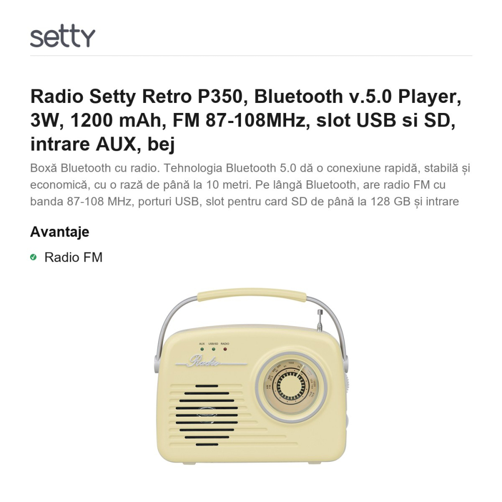 Radio Setty Retro P350, Bluetooth v.5.0 Player, 3W, 1200 mAh, FM 87-108MHz, slot USB si SD, intrare AUX, bej [2]
