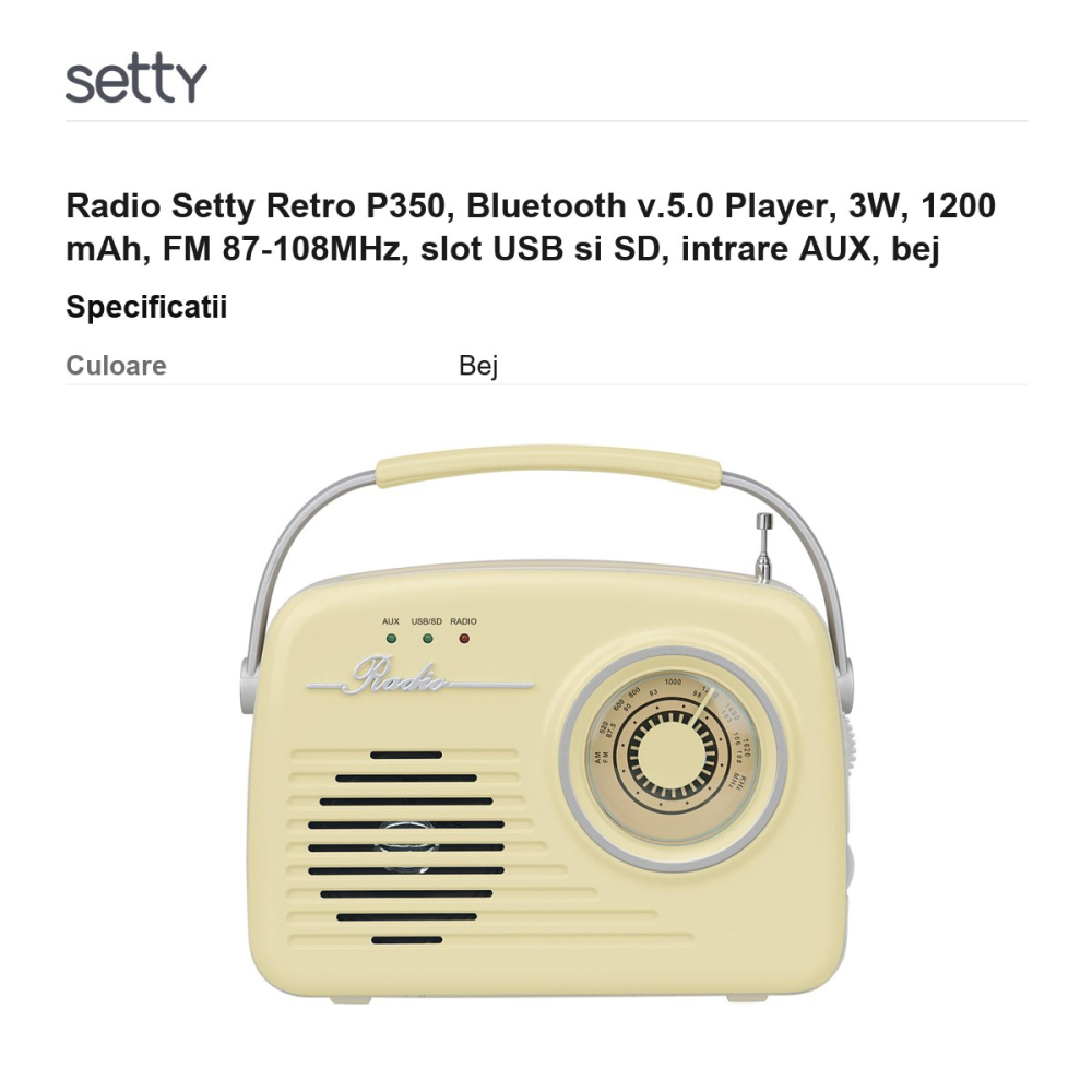 Radio Setty Retro P350, Bluetooth v.5.0 Player, 3W, 1200 mAh, FM 87-108MHz, slot USB si SD, intrare AUX, bej [3]