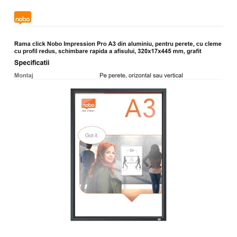 Rama click Nobo Impression Pro A3 din aluminiu, pentru perete, cu cleme cu profil redus, schimbare rapida a afisului, 320x17x445 mm, grafit [3]