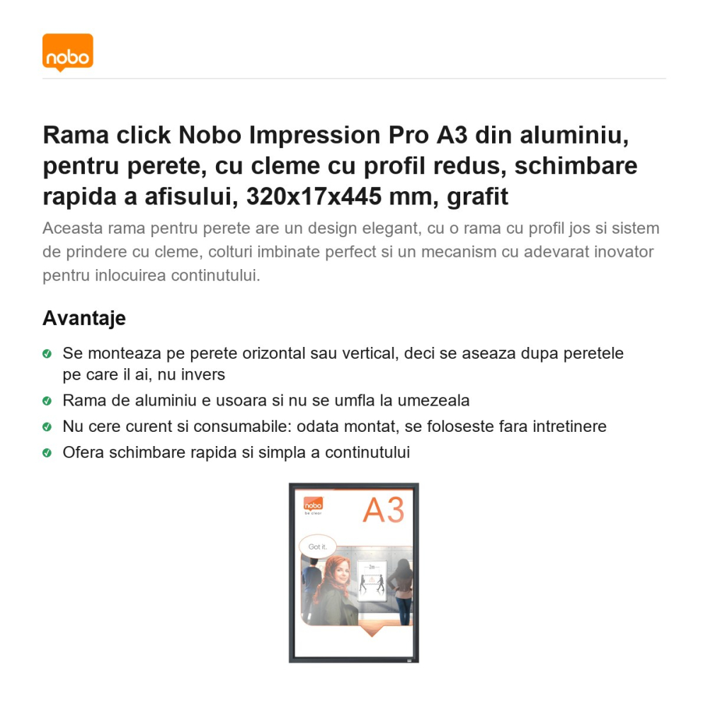 Rama click Nobo Impression Pro A3 din aluminiu, pentru perete, cu cleme cu profil redus, schimbare rapida a afisului, 320x17x445 mm, grafit [2]