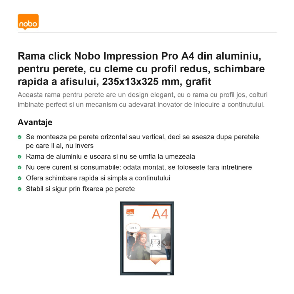 Rama click Nobo Impression Pro A4 din aluminiu, pentru perete, cu cleme cu profil redus, schimbare rapida a afisului, 235x13x325 mm, grafit [2]