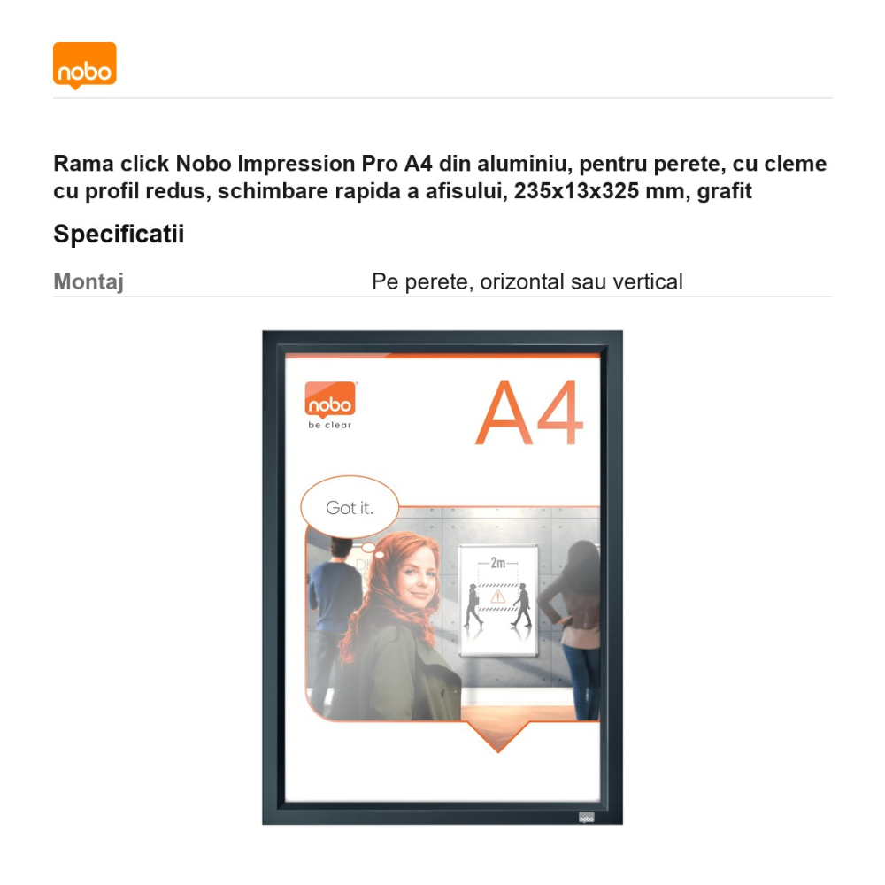 Rama click Nobo Impression Pro A4 din aluminiu, pentru perete, cu cleme cu profil redus, schimbare rapida a afisului, 235x13x325 mm, grafit [3]