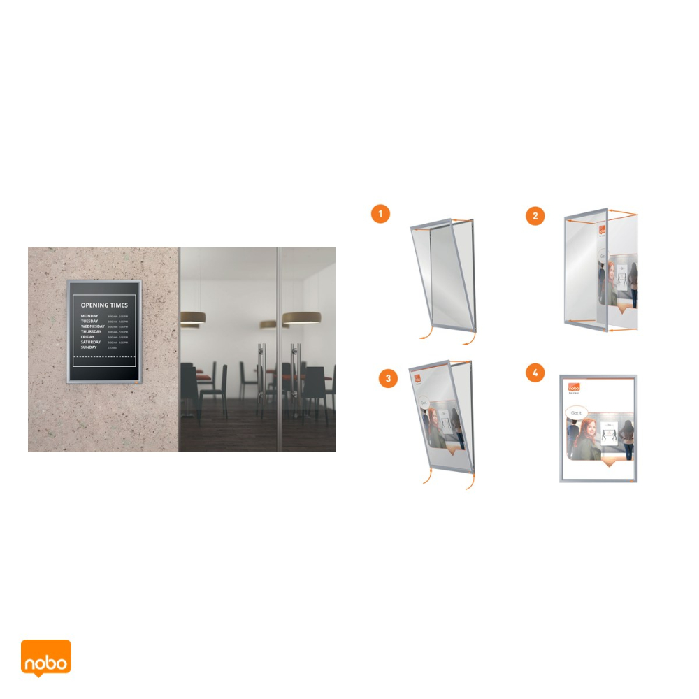 Rama click Nobo Impression Pro A4 din aluminiu, pentru perete, cu cleme cu profil redus, schimbare rapida a afisului, 235x13x325 mm, gri [6]