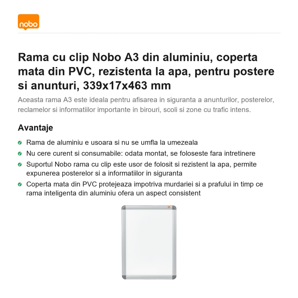 Rama cu clip Nobo A3 din aluminiu, coperta mata din PVC, rezistenta la apa, pentru postere si anunturi, 339x17x463 mm [2]