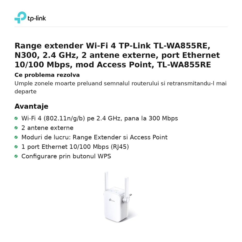 Range extender Wi-Fi 4 TP-Link TL-WA855RE, N300, 2.4 GHz, 2 antene externe, port Ethernet 10/100 Mbps, mod Access Point, TL-WA855RE [2]