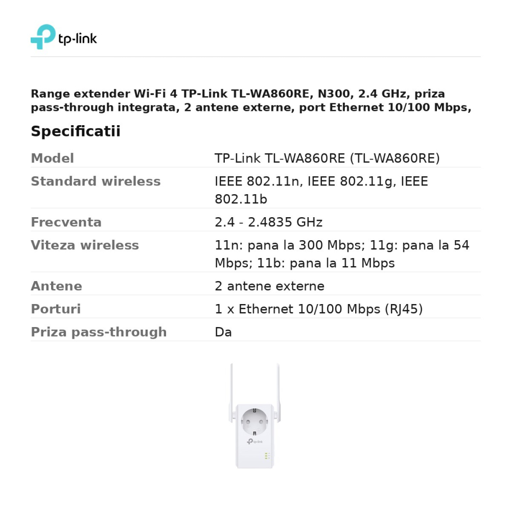 Range extender Wi-Fi 4 TP-Link TL-WA860RE, N300, 2.4 GHz, priza pass-through integrata, 2 antene externe, port Ethernet 10/100 Mbps, TL-WA860RE [3]