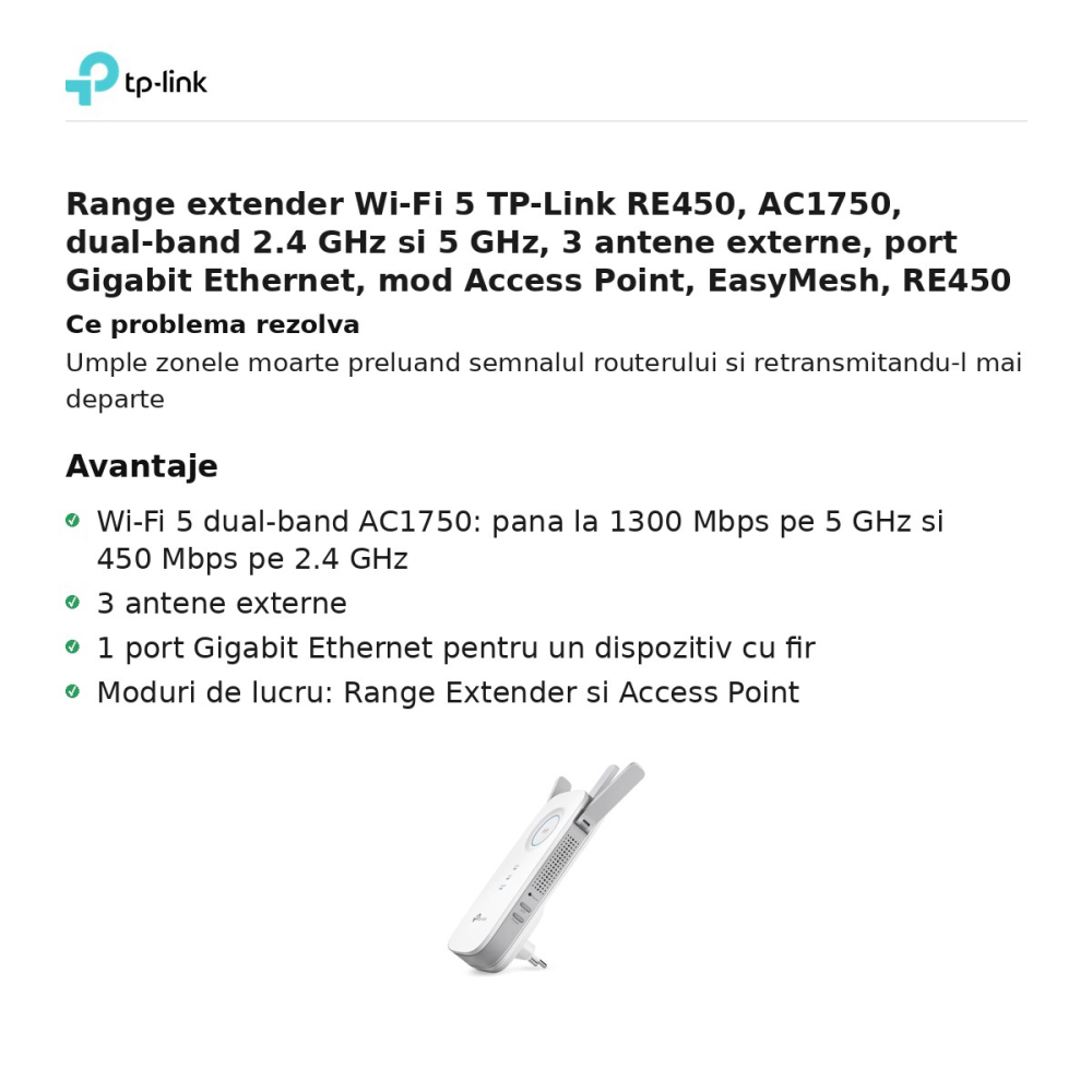 Range extender Wi-Fi 5 TP-Link RE450, AC1750, dual-band 2.4 GHz si 5 GHz, 3 antene externe, port Gigabit Ethernet, mod Access Point, EasyMesh, RE450 [2]