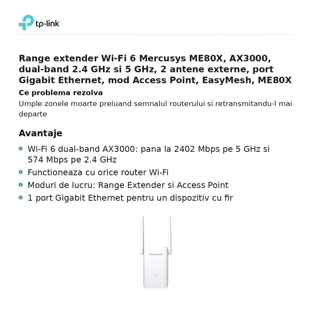 Range extender Wi-Fi 6 Mercusys ME80X, AX3000, dual-band 2.4 GHz si 5 GHz, 2 antene externe, port Gigabit Ethernet, mod Access Point, EasyMesh, ME80X [2]