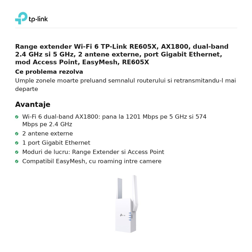 Range extender Wi-Fi 6 TP-Link RE605X, AX1800, dual-band 2.4 GHz si 5 GHz, 2 antene externe, port Gigabit Ethernet, mod Access Point, EasyMesh, RE605X [2]
