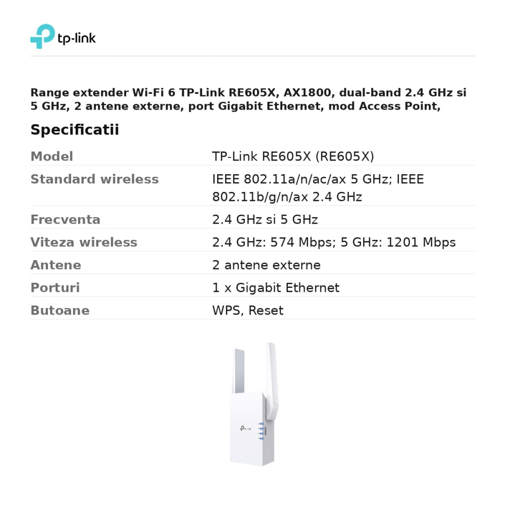 Range extender Wi-Fi 6 TP-Link RE605X, AX1800, dual-band 2.4 GHz si 5 GHz, 2 antene externe, port Gigabit Ethernet, mod Access Point, EasyMesh, RE605X [3]