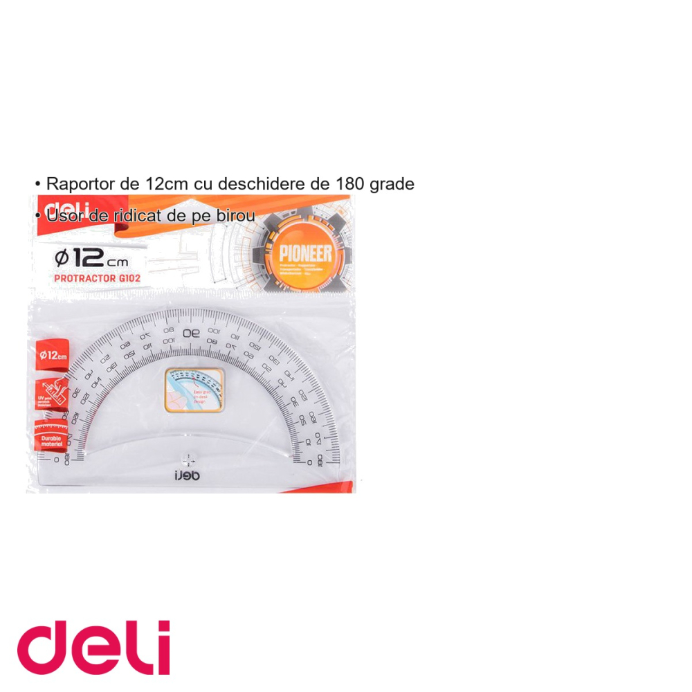Raportor transparent Deli, 12 cm, 180 grade, usor de ridicat de pe birou, pentru scoala si birou [3]
