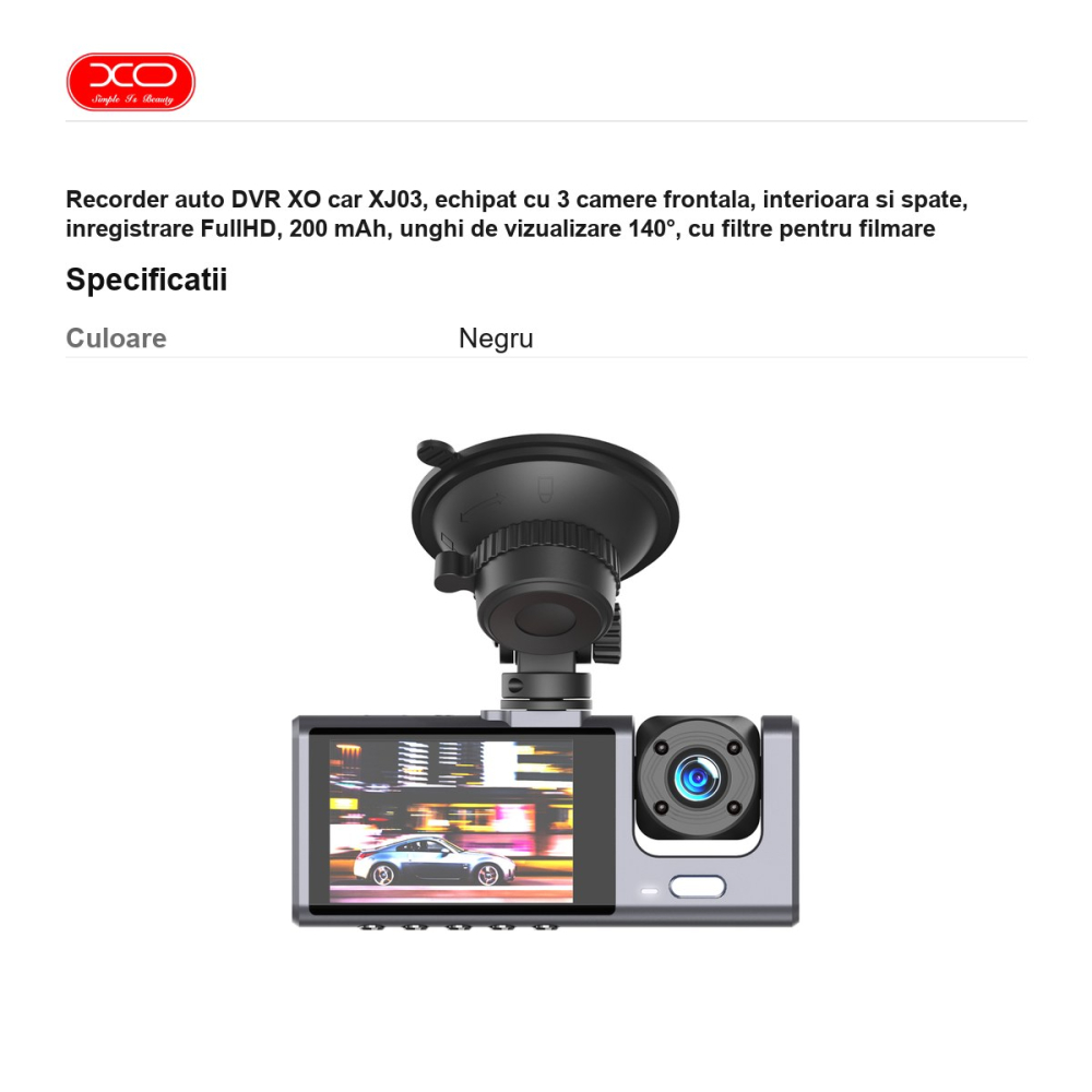 Recorder auto DVR XO car XJ03, echipat cu 3 camere frontala, interioara si spate, inregistrare FullHD, 200 mAh, unghi de vizualizare 140°, cu filtre pentru filmare nocturna, Negru [3]