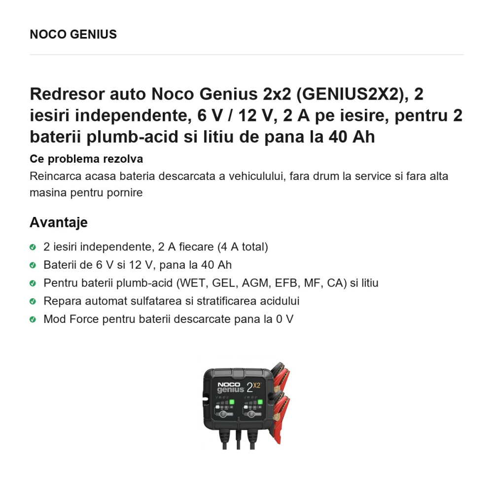 Redresor auto Noco Genius 2x2 (GENIUS2X2), 2 iesiri independente, 6 V / 12 V, 2 A pe iesire, pentru 2 baterii plumb-acid si litiu de pana la 40 Ah [2]
