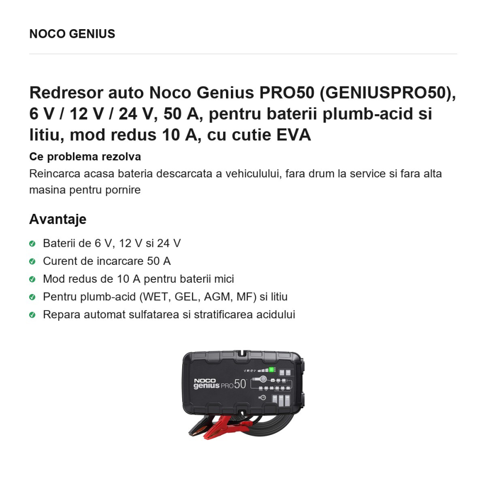 Redresor auto Noco Genius PRO50 (GENIUSPRO50), 6 V / 12 V / 24 V, 50 A, pentru baterii plumb-acid si litiu, mod redus 10 A, cu cutie EVA [2]