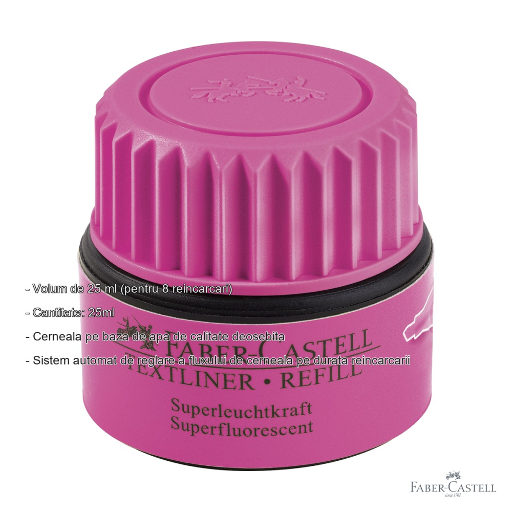 Refill textmarker roz Faber-Castell, cerneala pe baza de apa, 25 ml, pentru reincarcarea textmarkerelor 1543, 1546, 1548 [2]