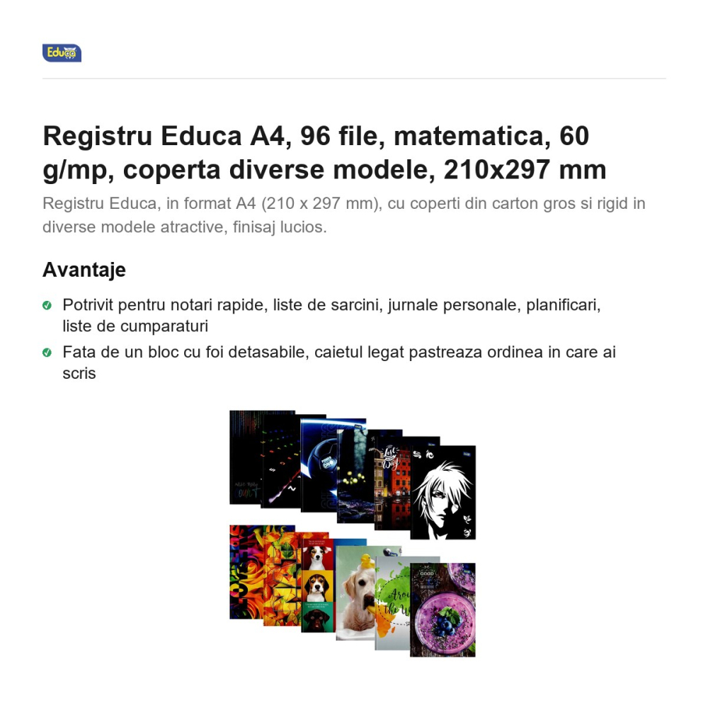 Registru Educa A4, 96 file, matematica, 60 g/mp, coperta diverse modele, 210x297 mm [2]