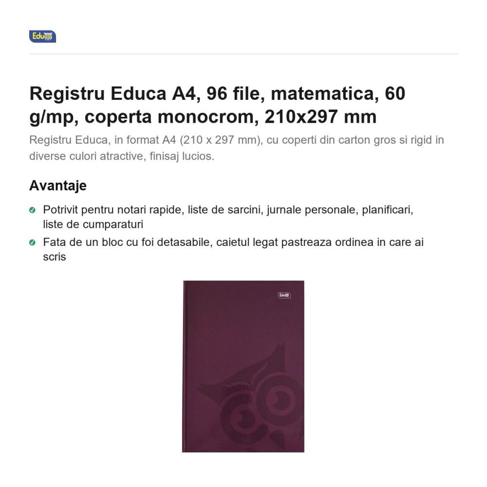 Registru Educa A4, 96 file, matematica, 60 g/mp, coperta monocrom, 210x297 mm [2]