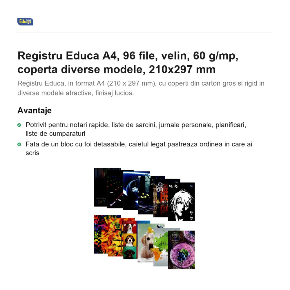 Registru Educa A4, 96 file, velin, 60 g/mp, coperta diverse modele, 210x297 mm [2]