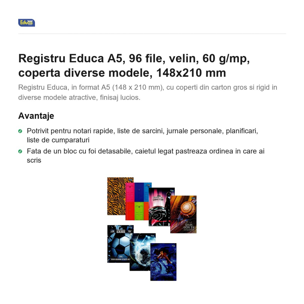 Registru Educa A5, 96 file, velin, 60 g/mp, coperta diverse modele, 148x210 mm [2]