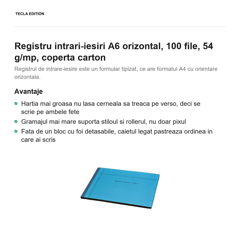 Registru intrari-iesiri A6 orizontal, 100 file, 54 g/mp, coperta carton [2]