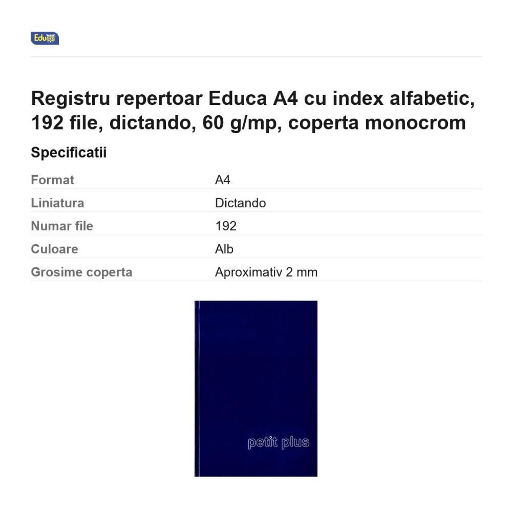 Registru repertoar Educa A4 cu index alfabetic, 192 file, dictando, 60 g/mp, coperta monocrom [3]