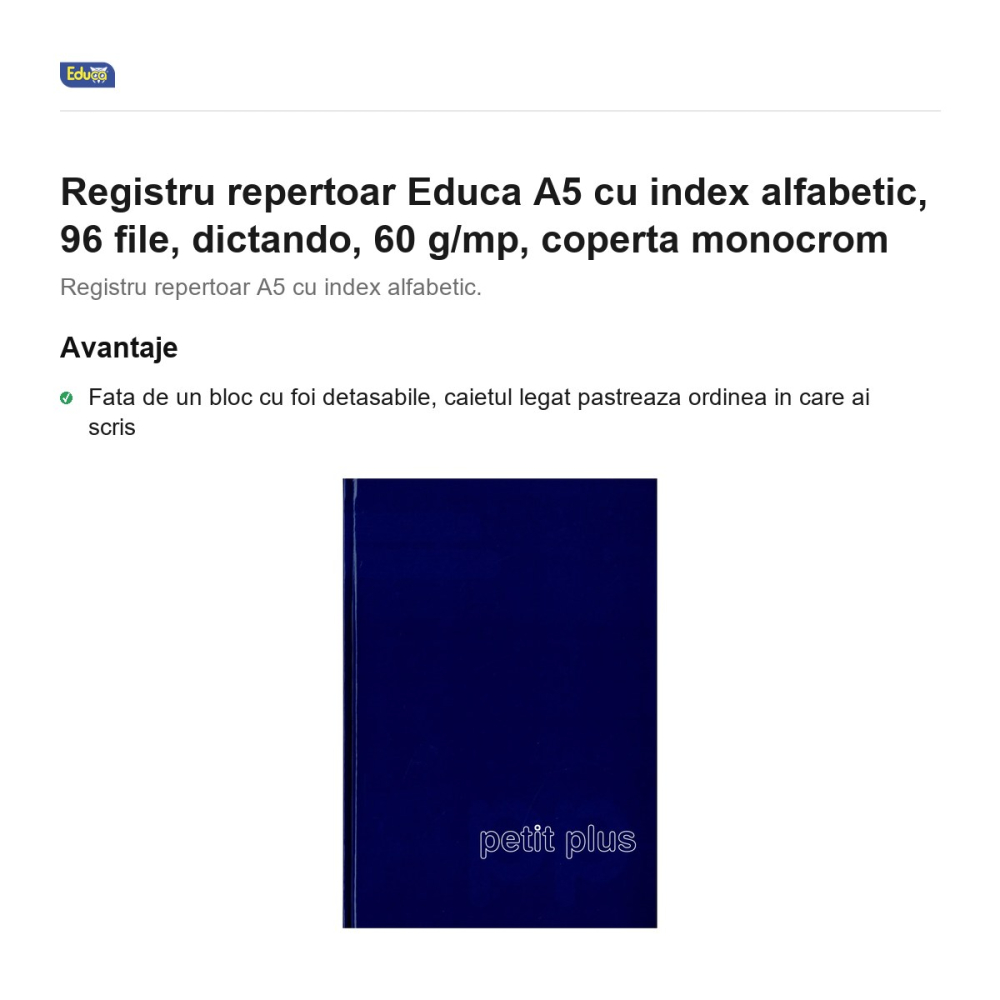 Registru repertoar Educa A5 cu index alfabetic, 96 file, dictando, 60 g/mp, coperta monocrom [2]
