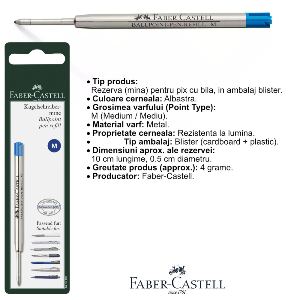 Rezerva Albastra pentru Pix Faber-Castell, Metalica, Varf M (Mediu), in Blister de Protectie [2]