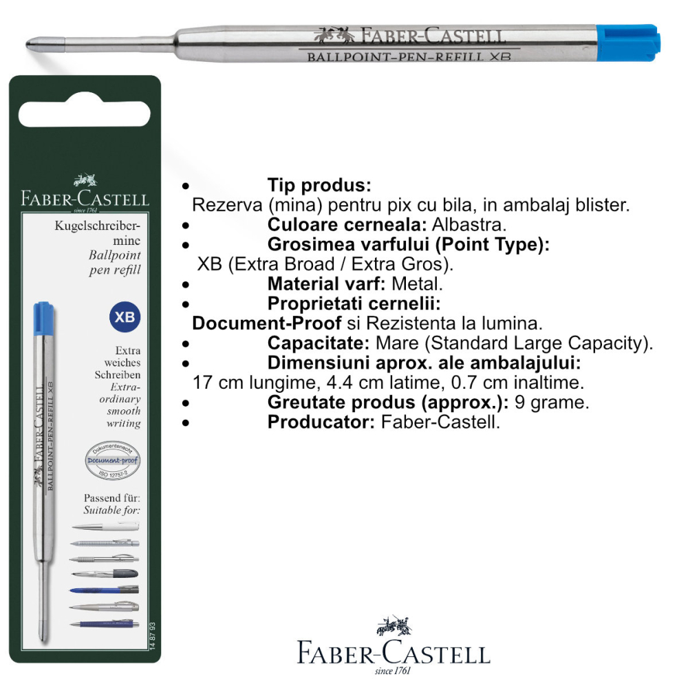Rezerva Albastra pentru Pix Faber-Castell, Metalica, Varf XB (Extra Gros), Document-Proof, in Blister [2]