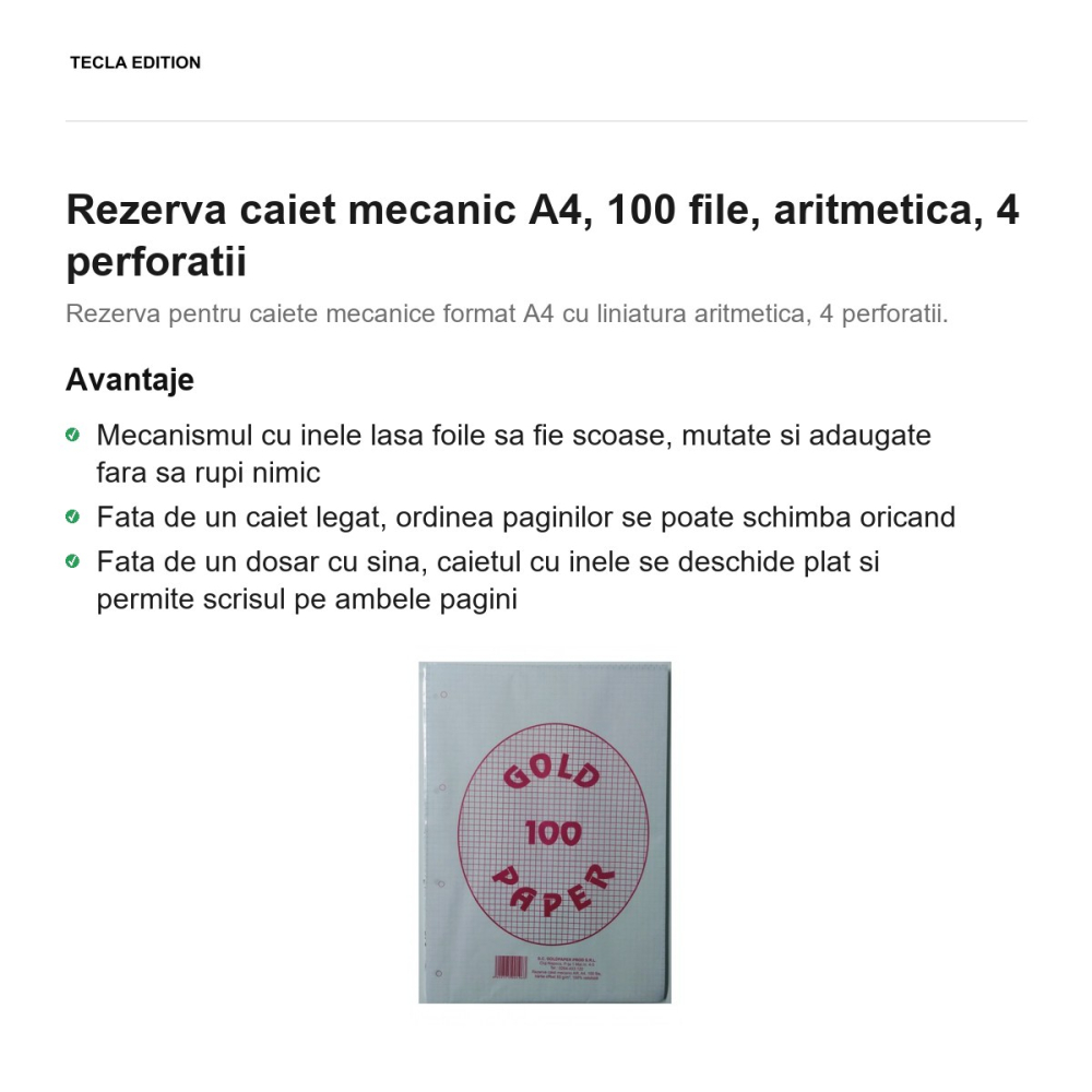 Rezerva caiet mecanic A4, 100 file, aritmetica, 4 perforatii [2]