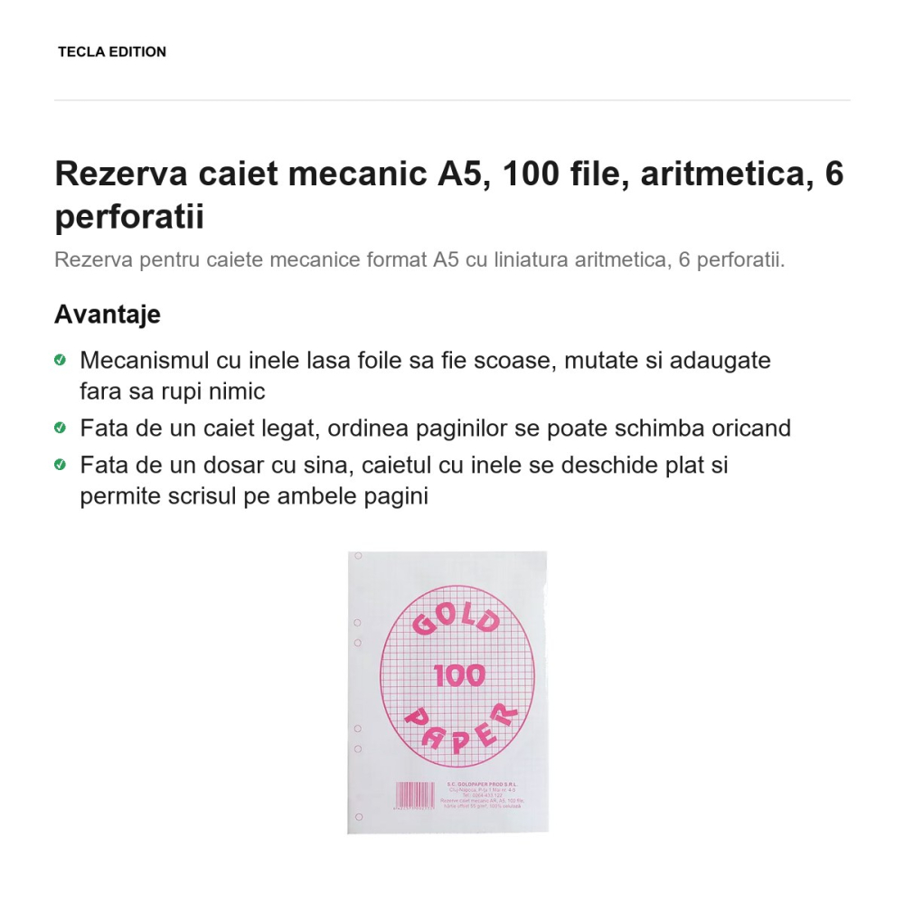 Rezerva caiet mecanic A5, 100 file, aritmetica, 6 perforatii [2]