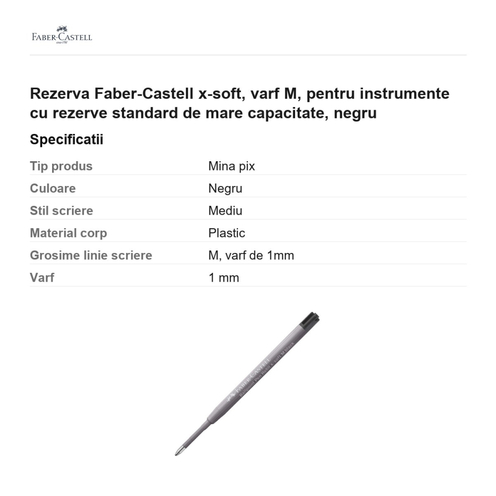 Rezerva Faber-Castell x-soft, varf M, pentru instrumente cu rezerve standard de mare capacitate, negru [3]