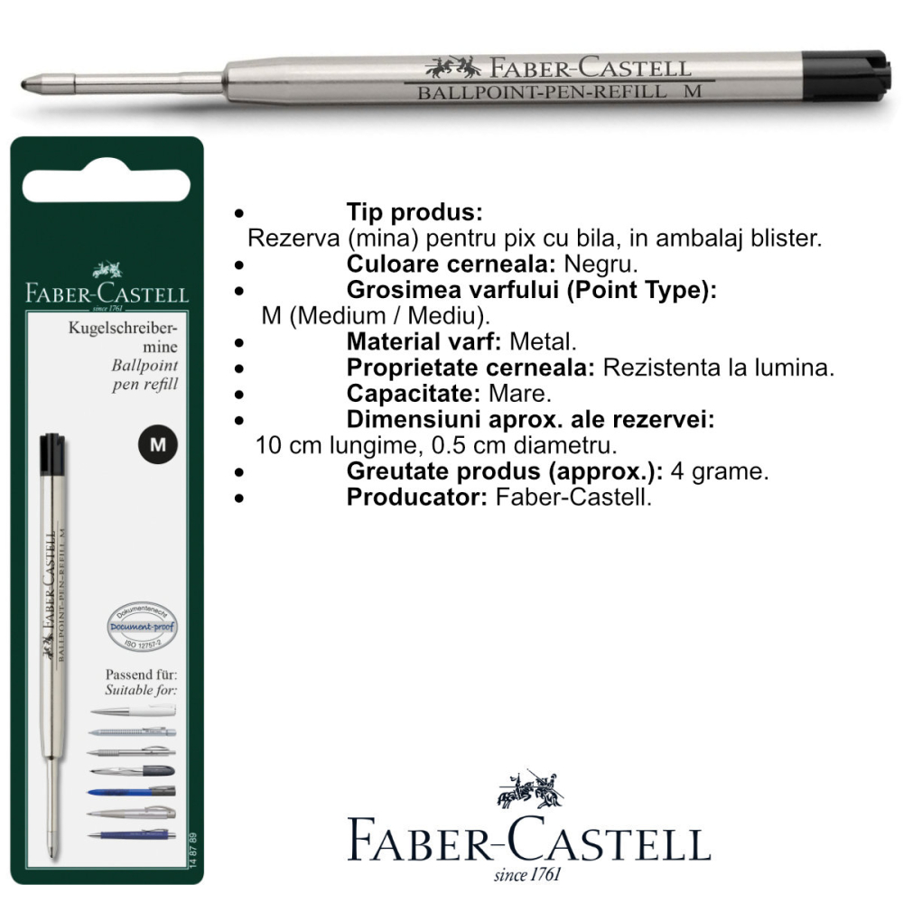 Rezerva Neagra pentru Pix Faber-Castell, Metalica, Varf M (Mediu), in Blister de Protectie [2]