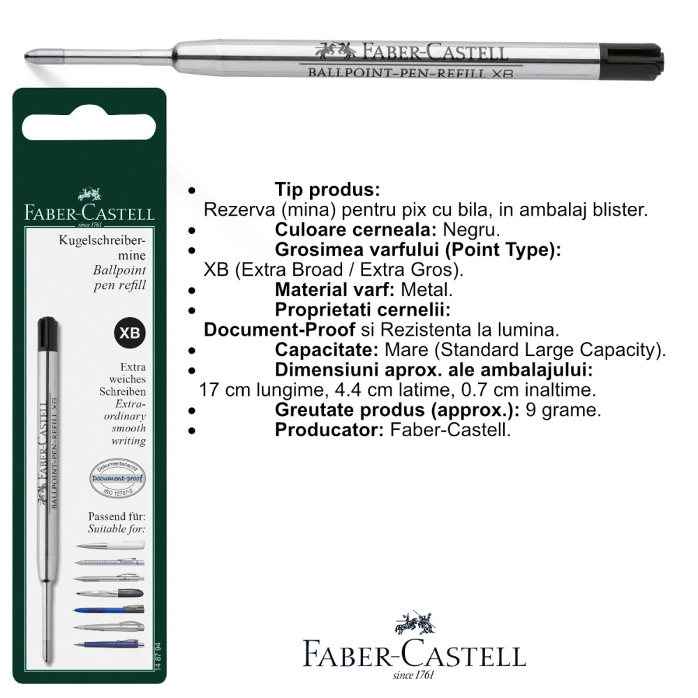 Rezerva Neagra pentru Pix Faber-Castell, Metalica, Varf XB (Extra Gros), Document-Proof, in Blister [2]