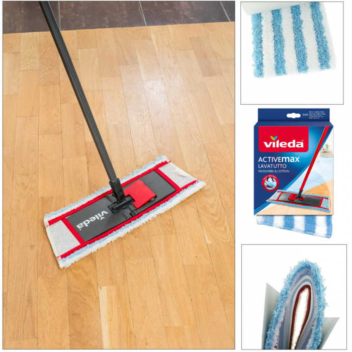 Rezerva pentru mop plat Vileda ActiveMax 00665, microfibre si bumbac, alb cu albastru [3]