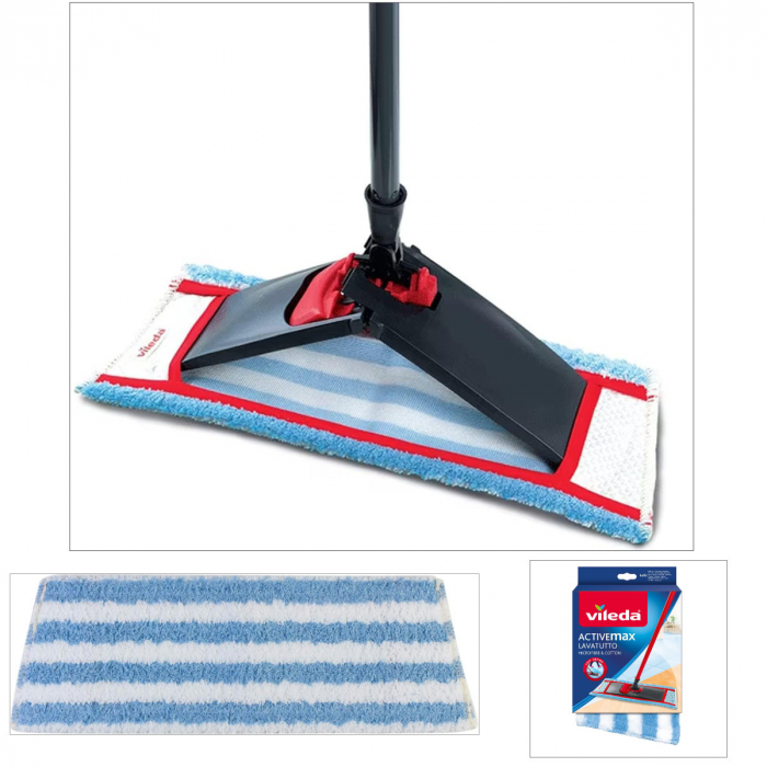 Rezerva pentru mop plat Vileda ActiveMax 00665, microfibre si bumbac, alb cu albastru [5]