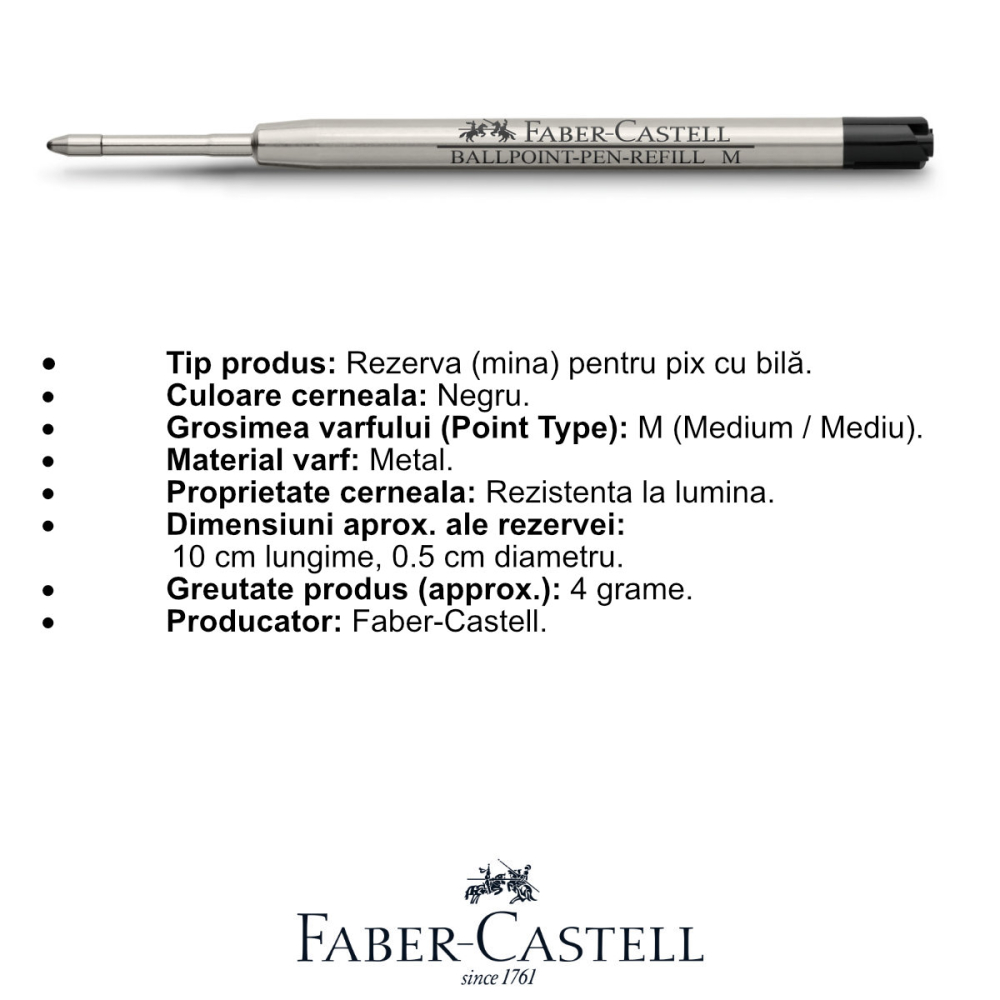 Rezerva pentru Pix Faber-Castell, Varf Metalic M, Negru, Capacitate Mare, Pentru Scris Professional [2]