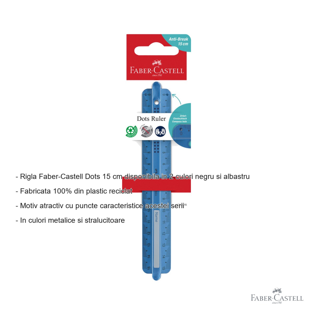 Rigla 15 cm Faber-Castell Dots, plastic reciclat, model cu puncte metalice, pentru scoala [2]