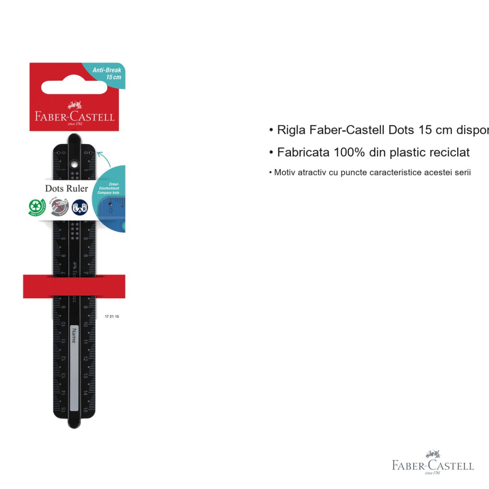Rigla 15 cm Faber-Castell Dots, plastic reciclat, model cu puncte metalice, pentru scoala [3]