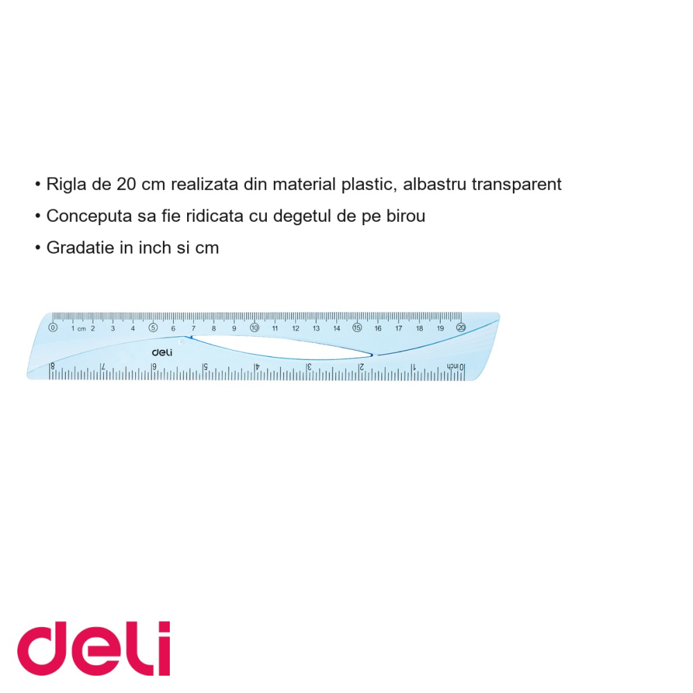 Rigla Deli 20 cm, plastic albastru transparent, gradatie cm si inch, usor de ridicat de pe birou [3]